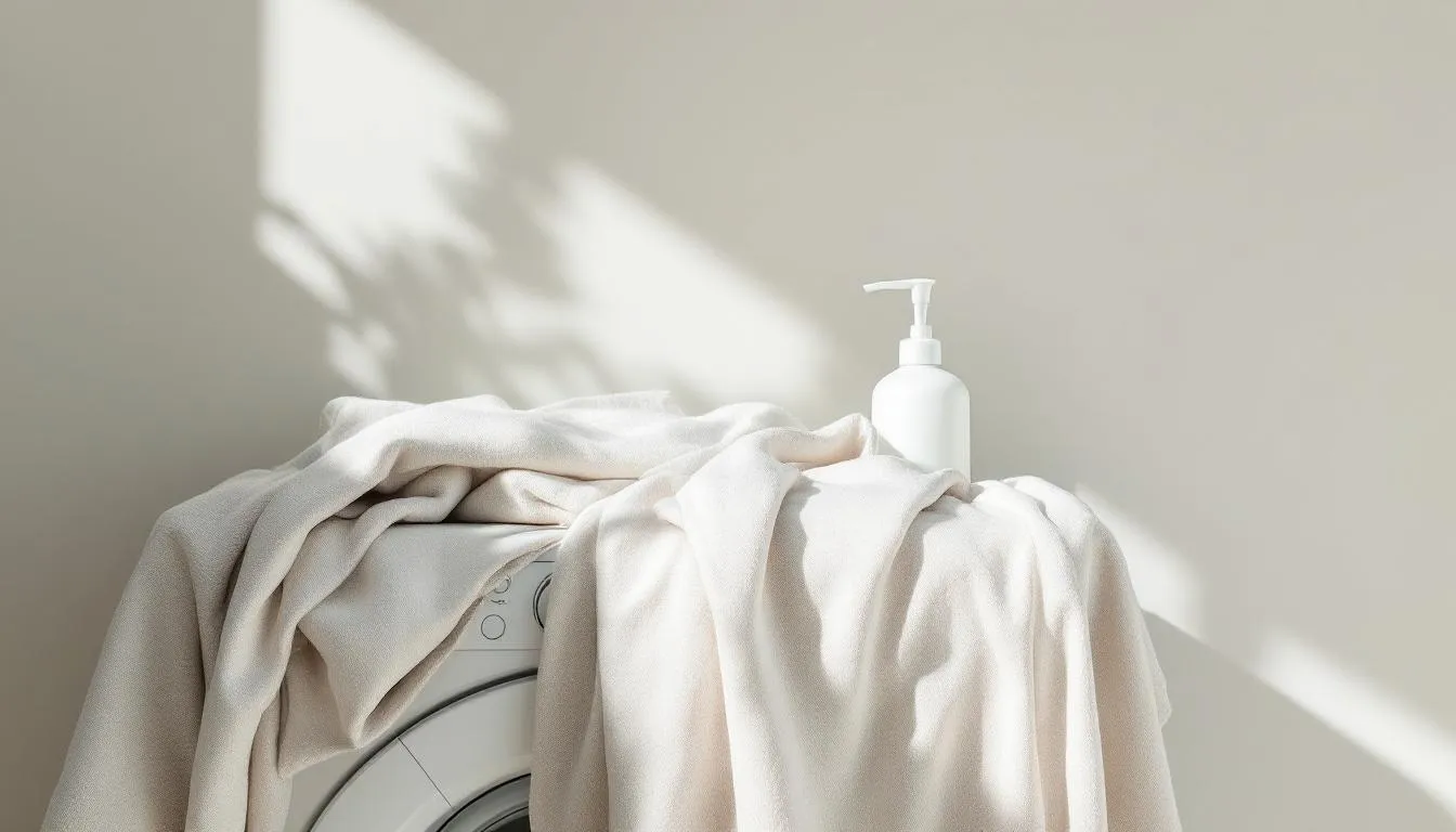 A washing machine filled with clothes and a fabric softener dispenser.