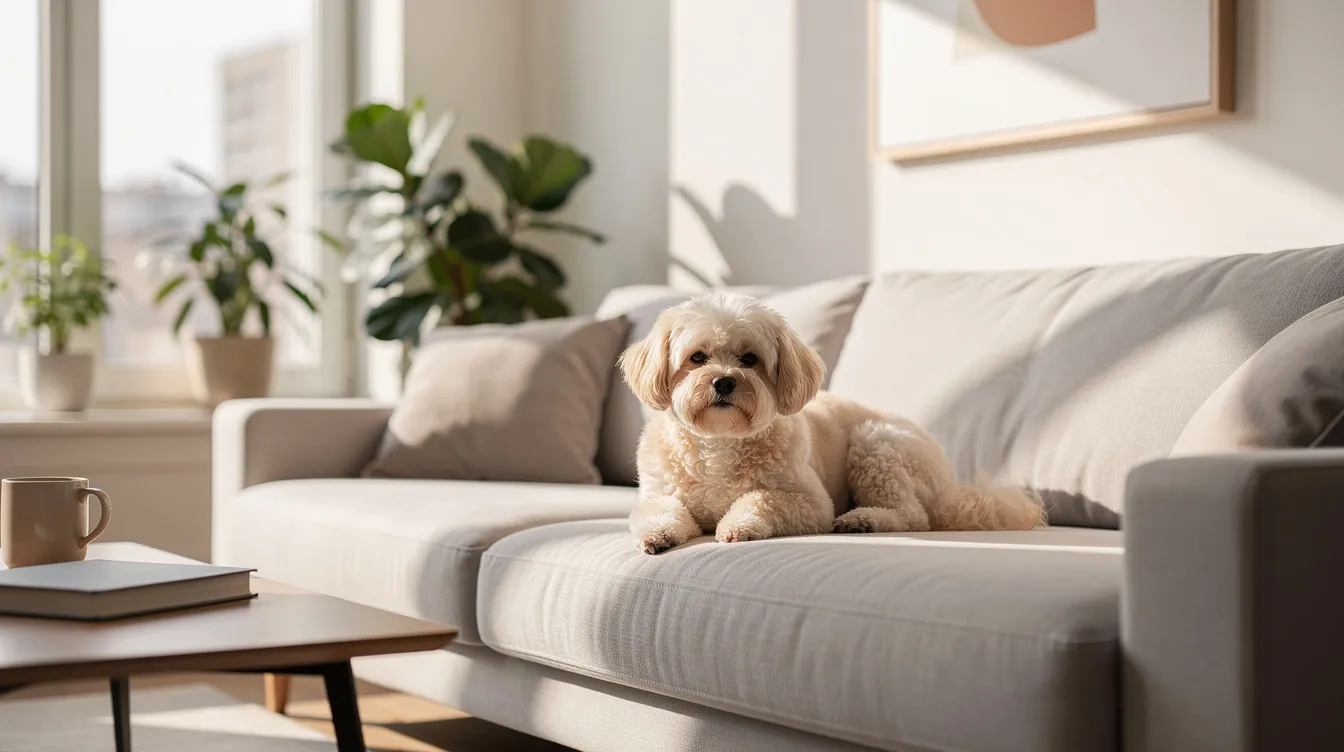 A small fluffy dog, possibly a toy poodle or a shih tzu, is relaxing comfortably on a stylish couch in a modern apartment, showcasing its affectionate nature and playful personality. The cozy setting highlights the charm of small dog breeds as ideal companions for families and dog lovers alike.