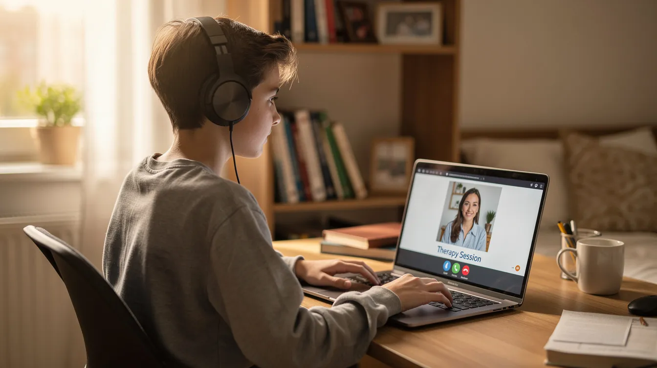 A teenager sits at a desk in their home, engaged in a private therapy session via laptop, creating a safe space for discussing mental health treatment and emotional development. The setting emphasizes the importance of behavioral health services for adolescents, providing support for issues such as anxiety, depression, and self-esteem.