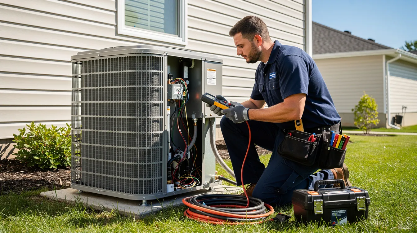 An HVAC technician is inspecting a residential air conditioning unit on the side of a house under a bright, sunny sky. This image highlights the technical expertise of HVAC companies and their commitment to maintaining local services for homeowners.
