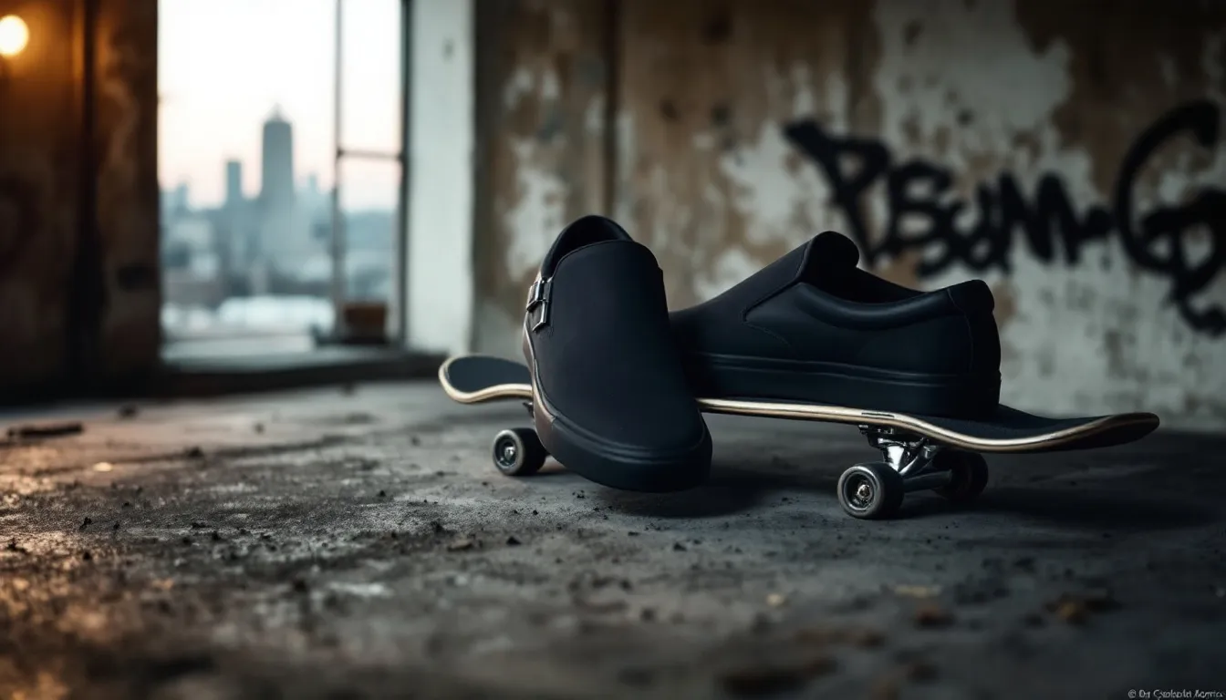 A pair of slip on skate shoes displayed on a skateboard.