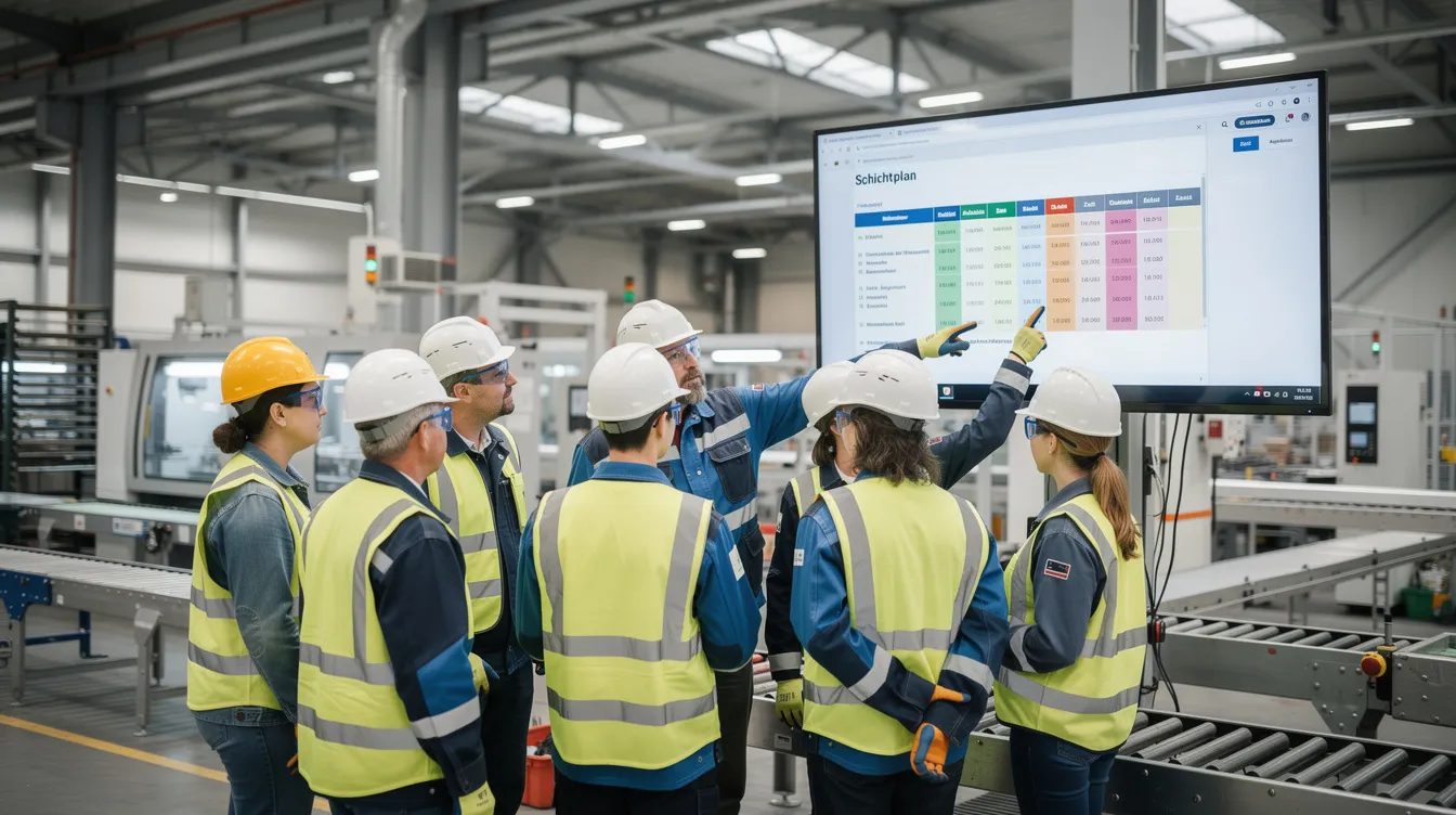 In der Produktionshalle sind mehrere Arbeiter zu sehen, die gemeinsam auf ein digitales Display mit einem Schichtplan schauen. Diese Szene verdeutlicht die Zusammenarbeit und Organisation im Bereich der Schichtplanung, unterstützt durch moderne Softwarelösungen wie Shyftplan.