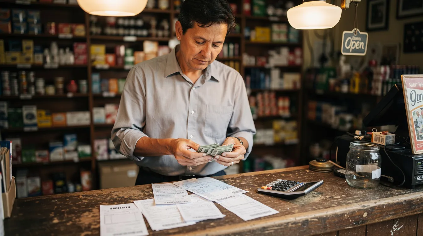 8a2735d3 ded3 4df7 a45d 56881d271430 The image shows a small business owner at a shop counter, carefully counting cash while reviewing financial papers. This scene reflects the owner's attention to their company's financial health, as they assess their operating income and manage debt obligations.