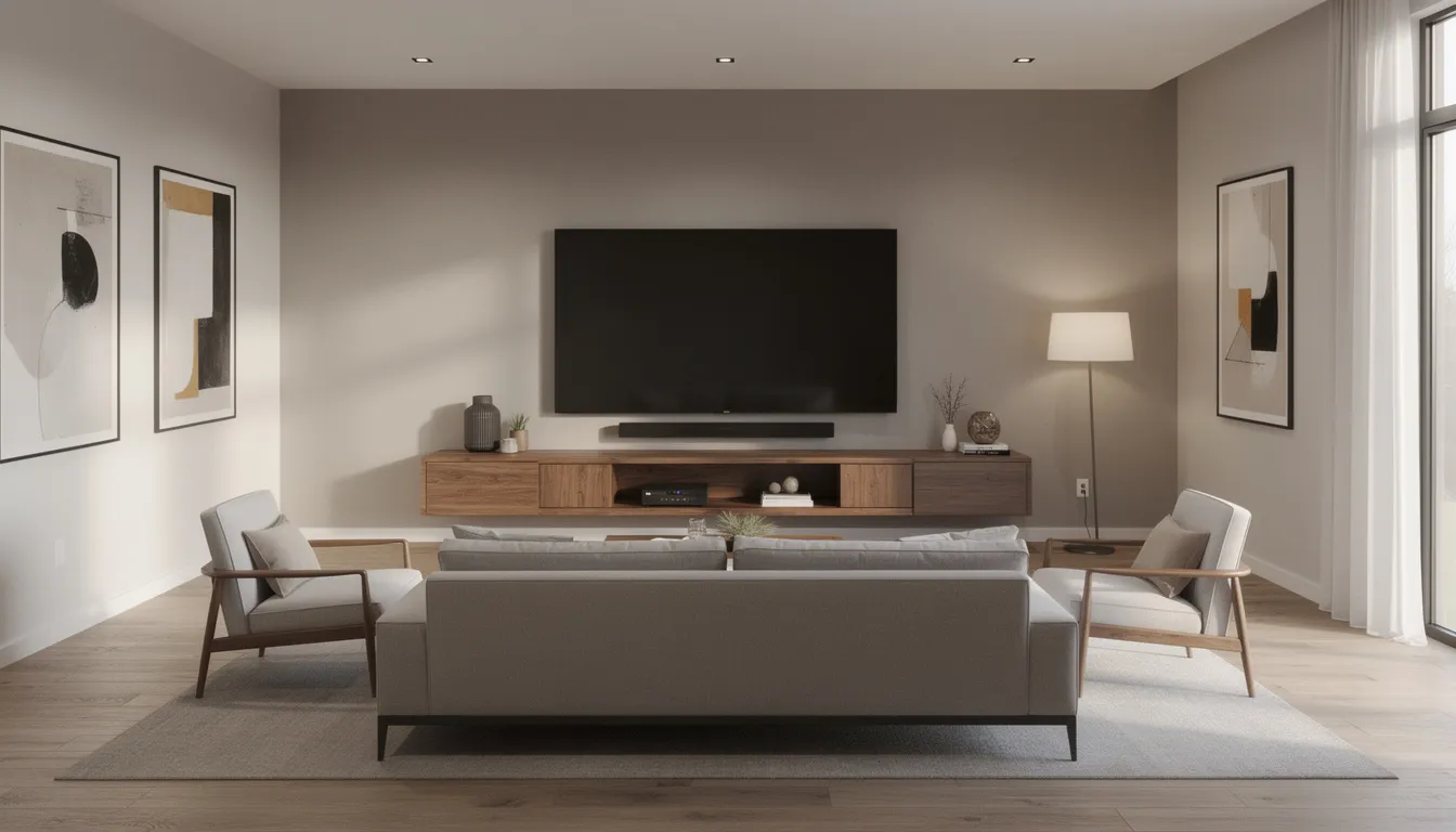 Japandi tv meubel: serene blikvanger in jouw woonkamer Een ruime woonkamer met een grote televisie op een uitgebreide houten media console, die een perfecte balans biedt tussen de meubels en het scherm. De strakke lijnen en hoogwaardige materialen geven het geheel een stijlvolle uitstraling, passend binnen het japandi design.