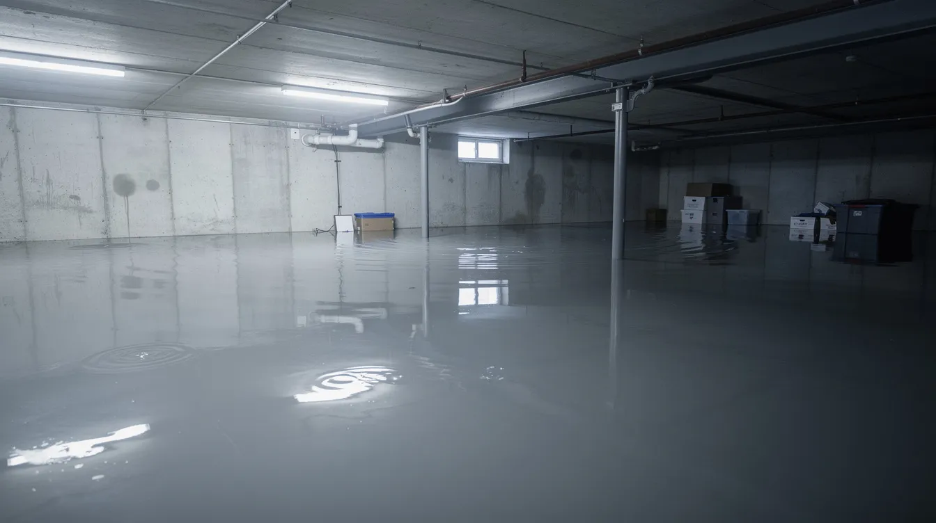 The image depicts a flooded basement with water covering the concrete floor, indicating a potential plumbing emergency. This situation may require immediate assistance from local plumbers or emergency plumbing services to address the plumbing issues and prevent further damage.