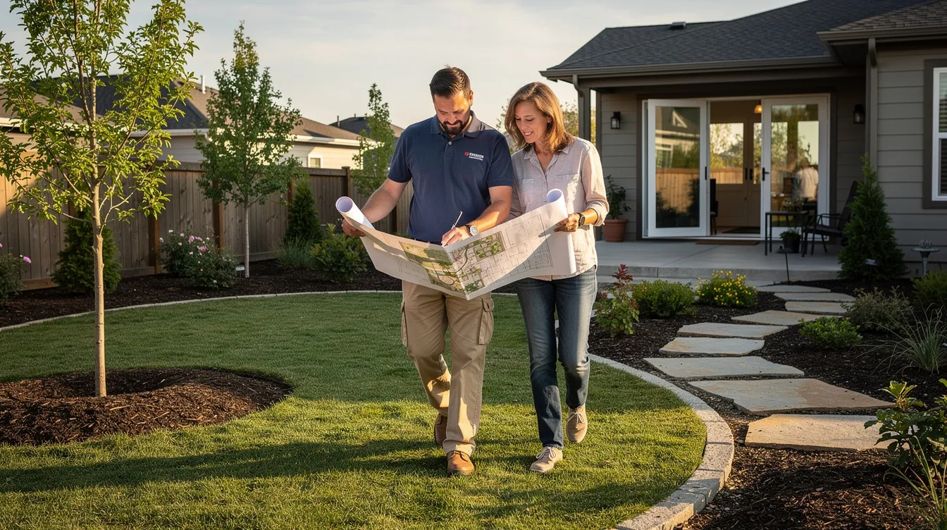 A landscape designer and a homeowner are walking through a backyard, discussing a landscape plan that incorporates various outdoor design elements such as plants, trees, and softscape features. They are collaborating to create an enjoyable space that enhances the property while considering the unique characteristics of the site.