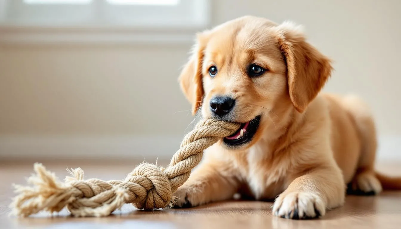 A young puppy is happily chewing on a colorful rope tug toy, showcasing its playful behavior during the teething phase. This chewing is a normal part of puppy biting and helps with their sore gums as they learn bite inhibition.