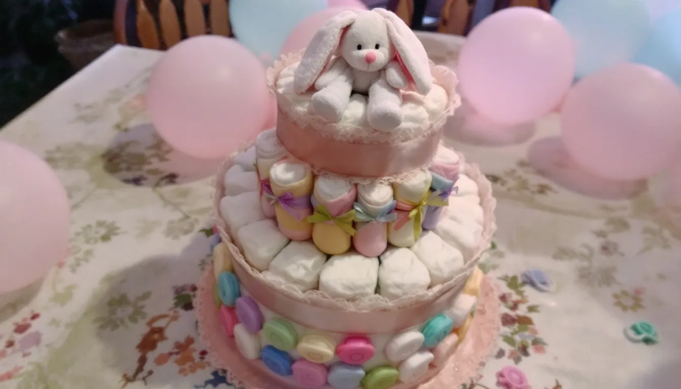 A beautifully crafted three-tier diaper cake serves as a centerpiece for a baby shower, adorned with colorful ribbons, baby socks, pacifiers, and topped with a small plush toy, all set against a backdrop of soft balloons. This thoughtful handmade baby gift is a perfect way to celebrate the arrival of a new little one.