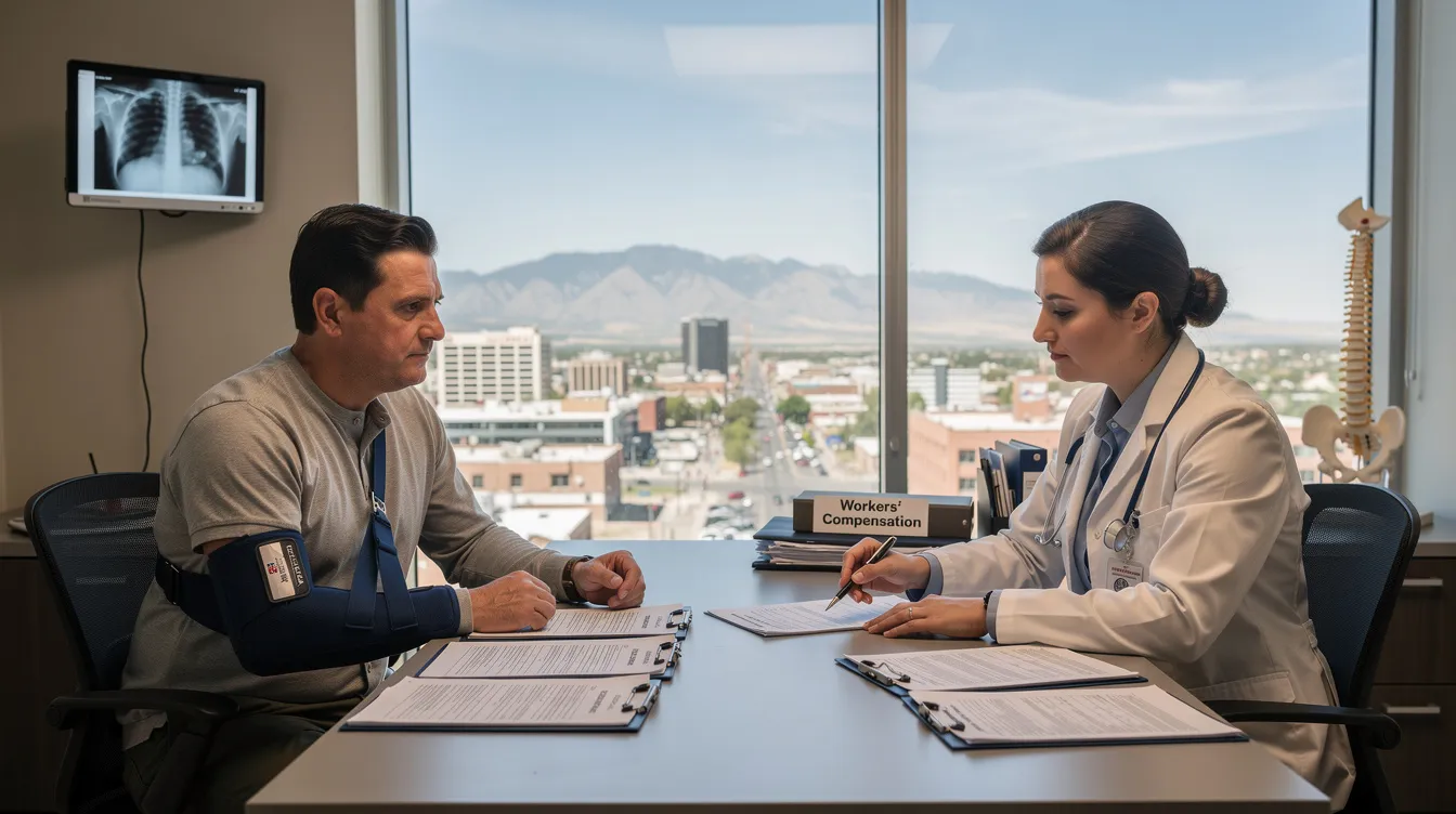 The image depicts an injured worker from Colorado meeting with a doctor or attorney in an office, surrounded by workers' compensation documents and medical reports. Outside the window, the scenic mountains of Pueblo, Colorado are visible, while the atmosphere is professional and muted, reflecting the serious nature of navigating a denied workers' comp claim.