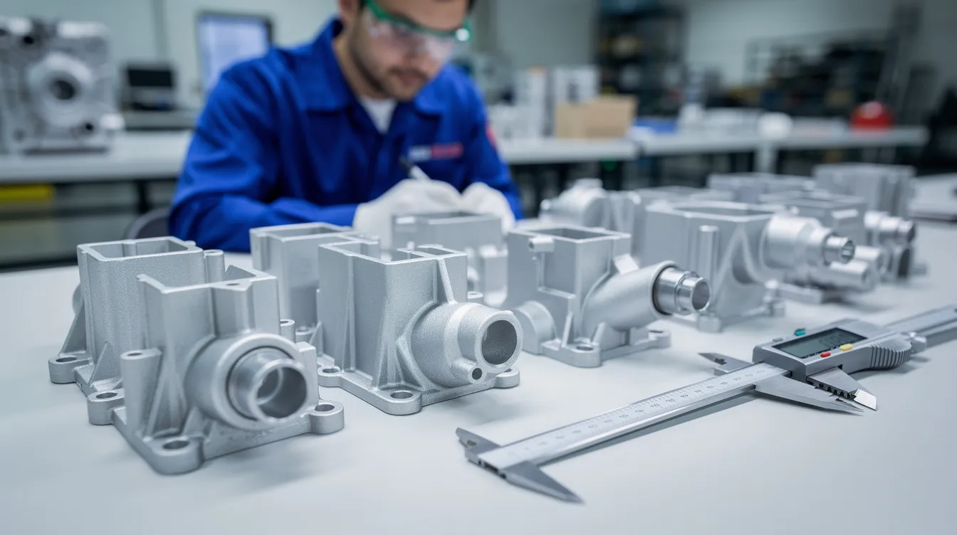 The image depicts finished precision aluminum die casting parts with machined surfaces and an anodized finish, meticulously arranged for quality inspection. These high-quality aluminum die casting components showcase excellent dimensional accuracy and are ready for evaluation in the die casting process.