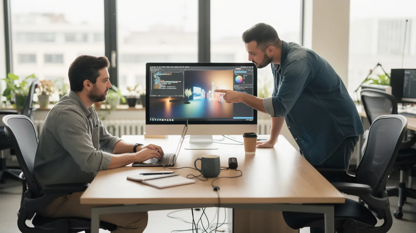Two developers pair programming at a desk