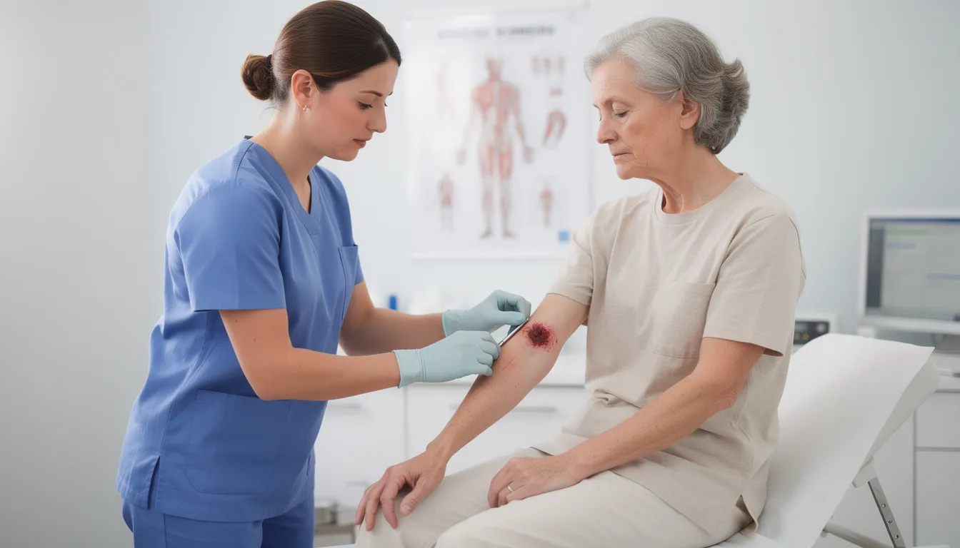 A medical professional is carefully examining a patient's physical injury in a clinical setting, assessing the extent of the damage and discussing potential medical treatment options. This examination is crucial for the injured party, especially if they are considering a personal injury lawsuit to seek compensation for medical expenses and lost wages.