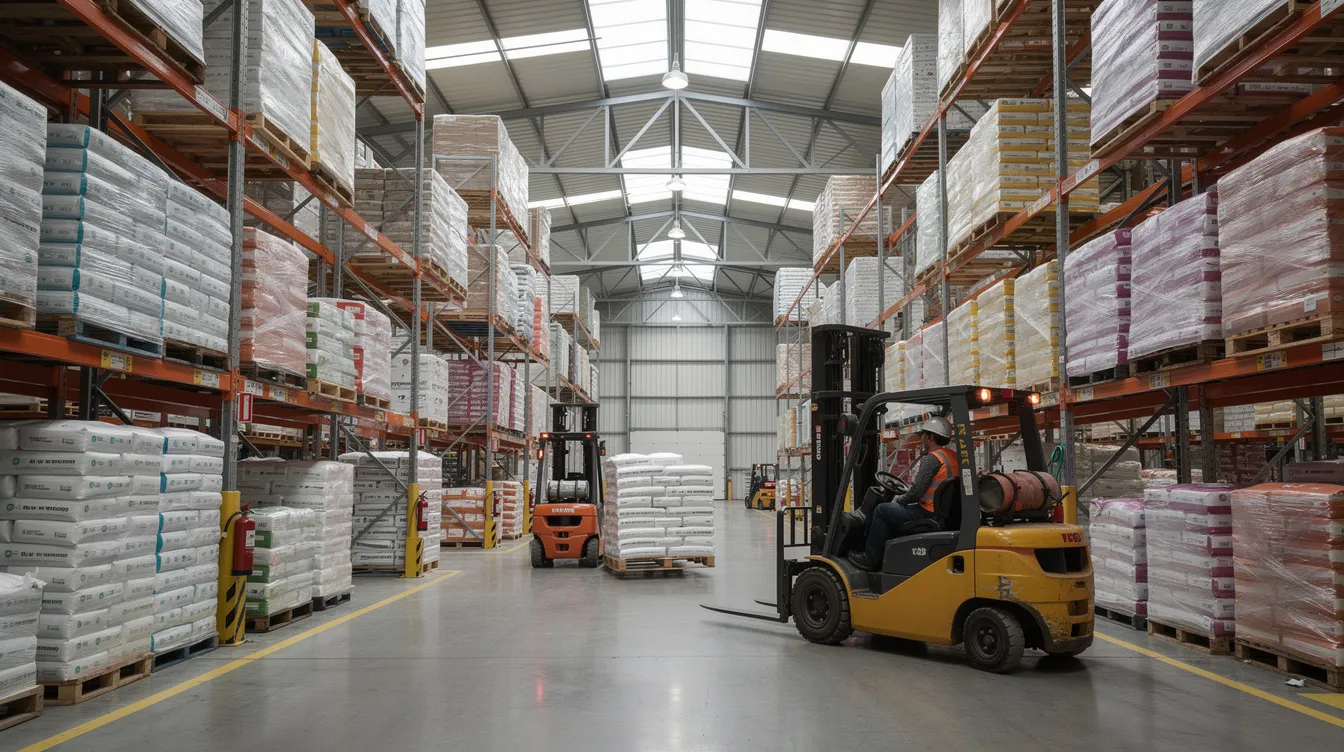 The image depicts the interior of an industrial warehouse filled with neatly stacked bags of commodities, including soybean meal, alongside forklifts ready for efficient operations. This setup highlights the importance of production efficiency and quality control in the processing of raw materials for oil extraction and animal feed.