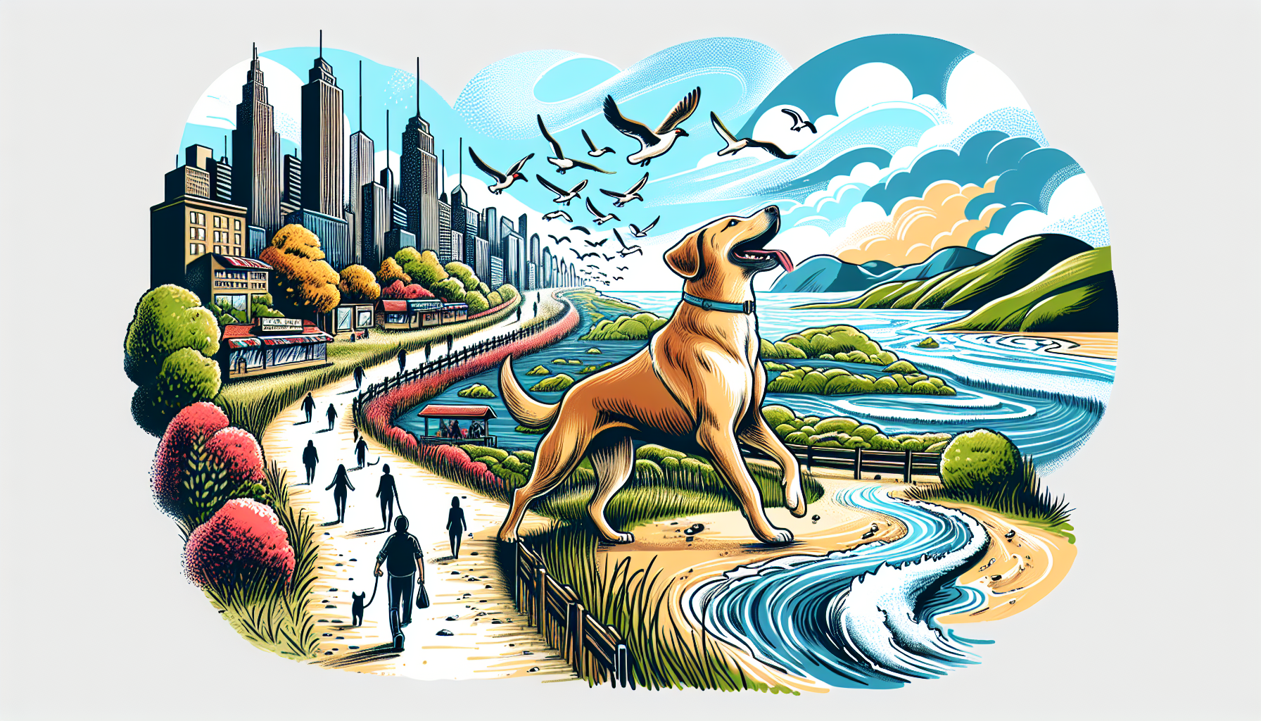 Illustration of a dog walking on a different route with varied scenery