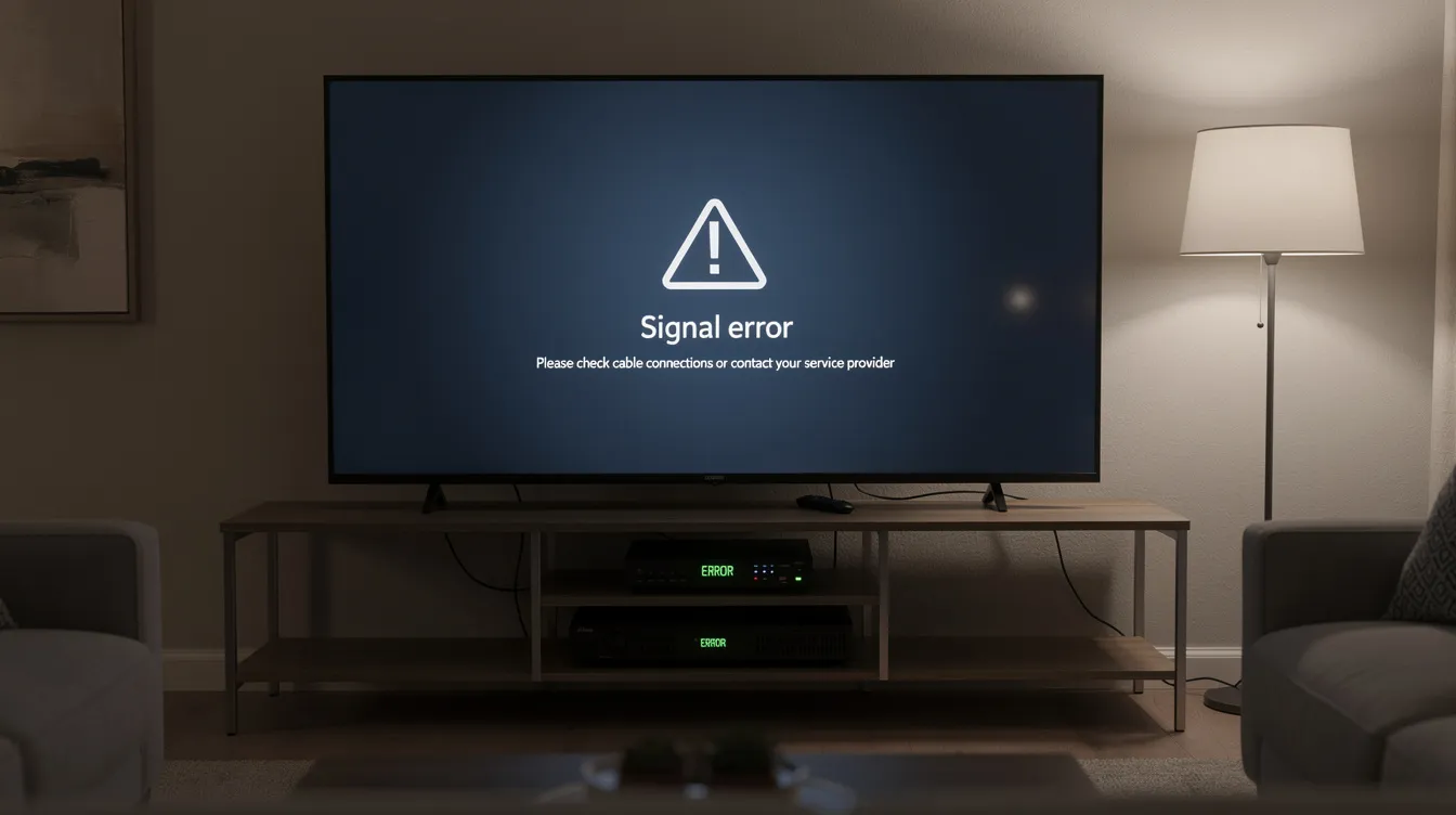The image shows a home television displaying a generic error screen from a DSTV decoder, indicating a possible issue with signal quality or a fault in the connection. The screen may also display an error code, prompting the user to troubleshoot or contact Multichoice for assistance.
