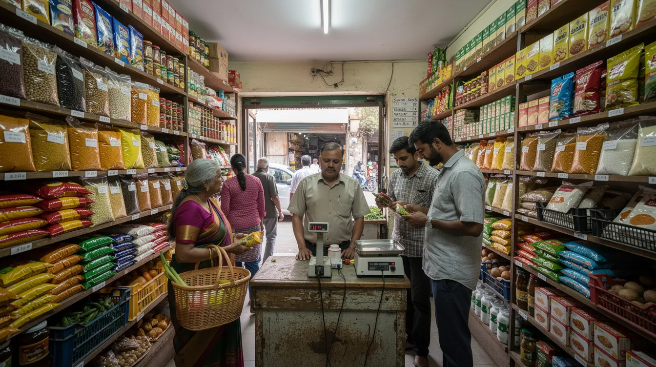 8a33c68c 1d33 4759 8c31 dd1a9b644802 The image depicts a busy Indian grocery shop, featuring neatly organized shelves stocked with various goods, while a shopkeeper assists customers, highlighting the day-to-day operations of managing cash flow and maintaining positive working capital. This vibrant scene reflects the efficient inventory management and financial health necessary for a thriving business.