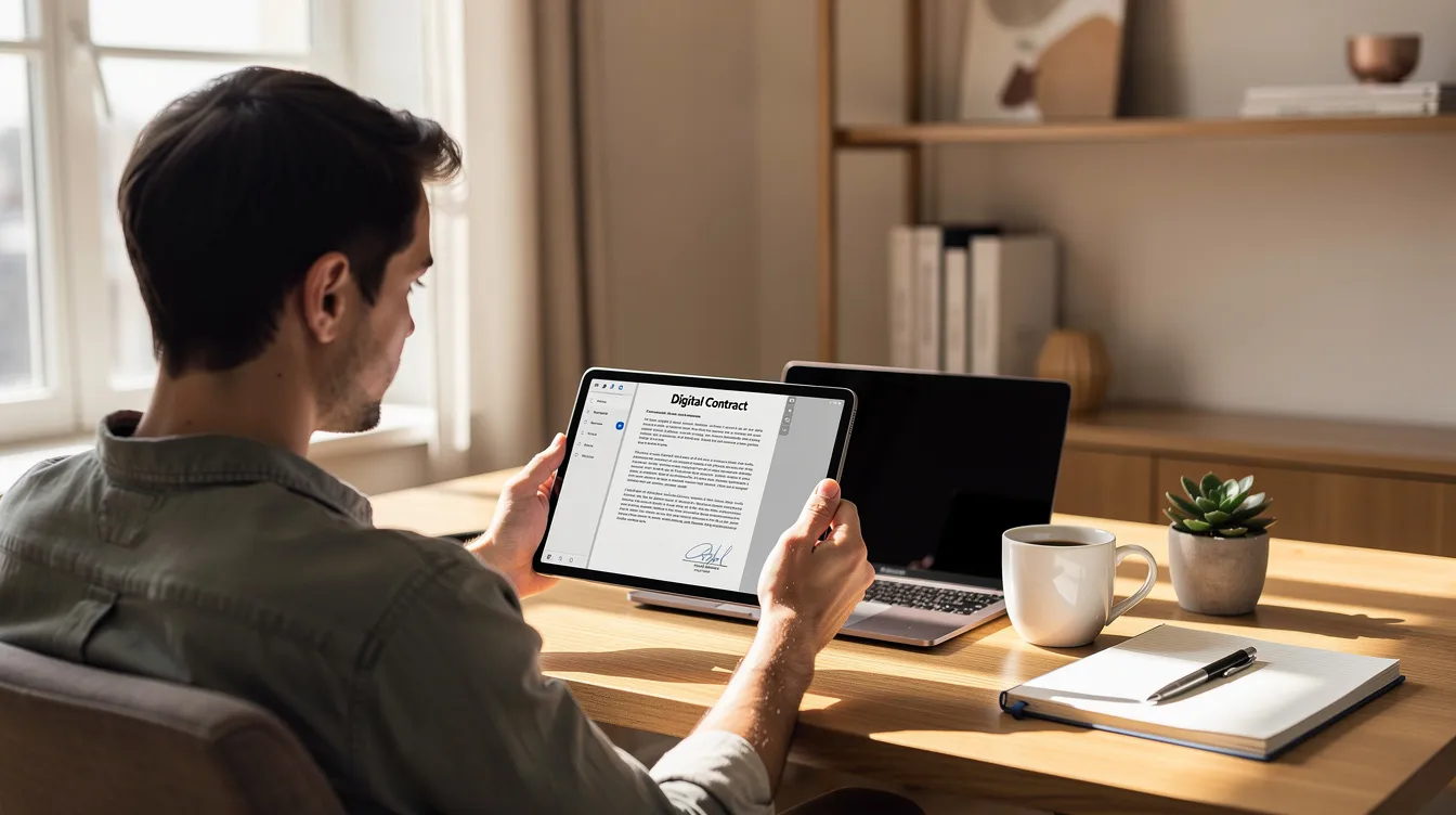 A person is sitting at a desk in a well-lit home office, reviewing a digital loan contract on a tablet. The scene suggests a focus on online lending, with an emphasis on the ease of managing financial documents in a comfortable environment.