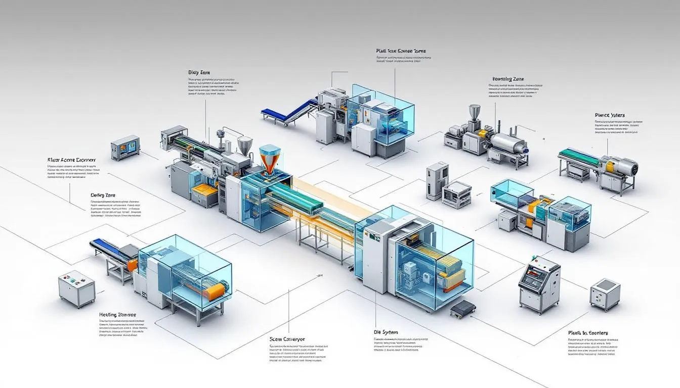 An overview of various plastic extrusion machines in operation.