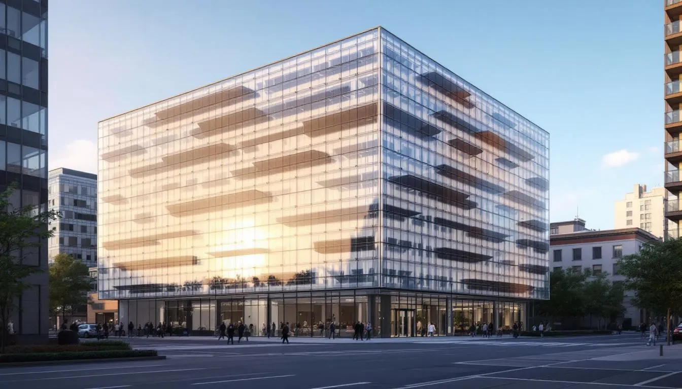 The image depicts a modern building featuring integrated bifacial solar panels that serve both as architectural elements and energy generation systems. These bifacial solar panels are designed to capture sunlight from both the front and rear sides, maximizing energy production and enhancing the building's aesthetic appeal.