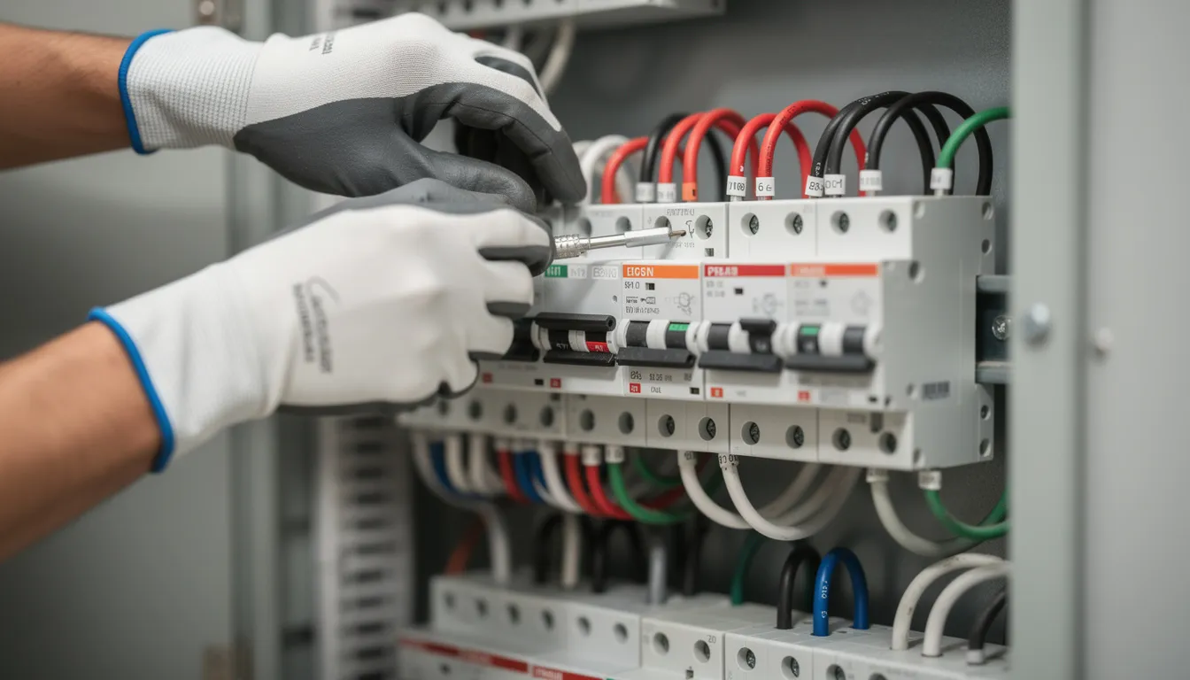 The image shows a close-up of an electrician's hands skillfully working on circuit breakers inside a modern electrical panel, ensuring the electrical system is safe and efficient. This professional switchboard upgrade emphasizes the importance of electrical safety and reliable solutions for homes and businesses.