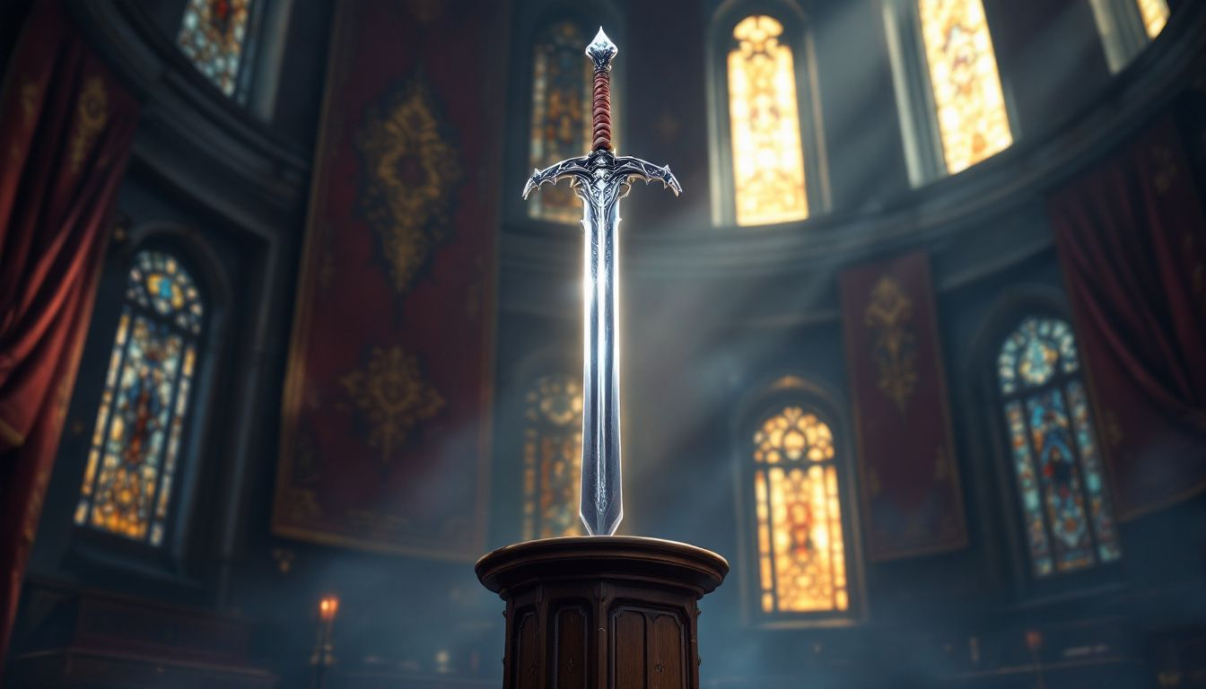 An ace sword positioned upright in a professional setting, symbolizing clarity and direction in career.