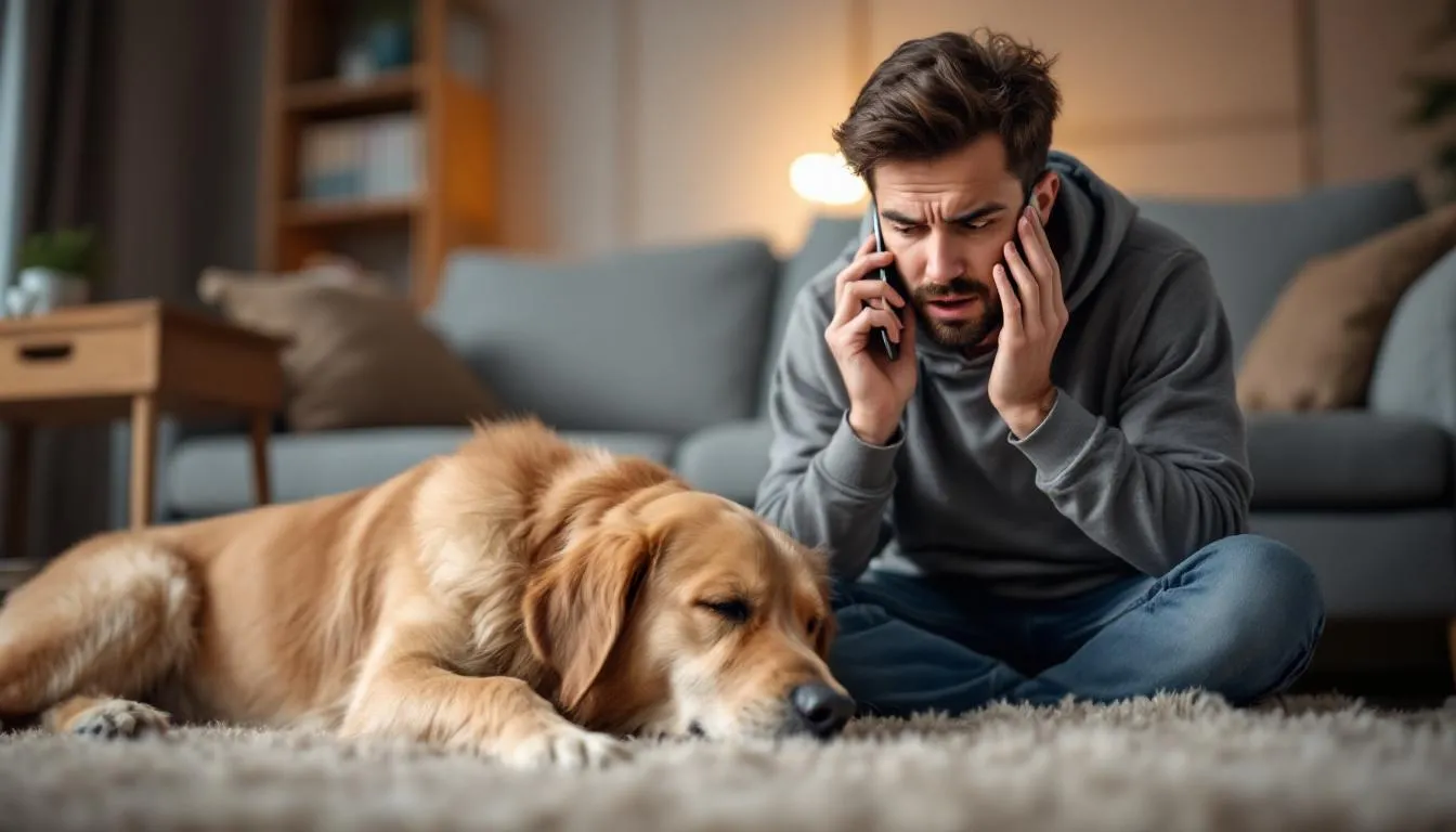 A concerned dog owner is speaking on the phone with a veterinarian while their dog rests peacefully nearby, highlighting the importance of understanding what foods, like cinnamon, are safe for pets. The owner appears anxious, possibly inquiring about the effects of cinnamon and whether it is toxic to dogs.