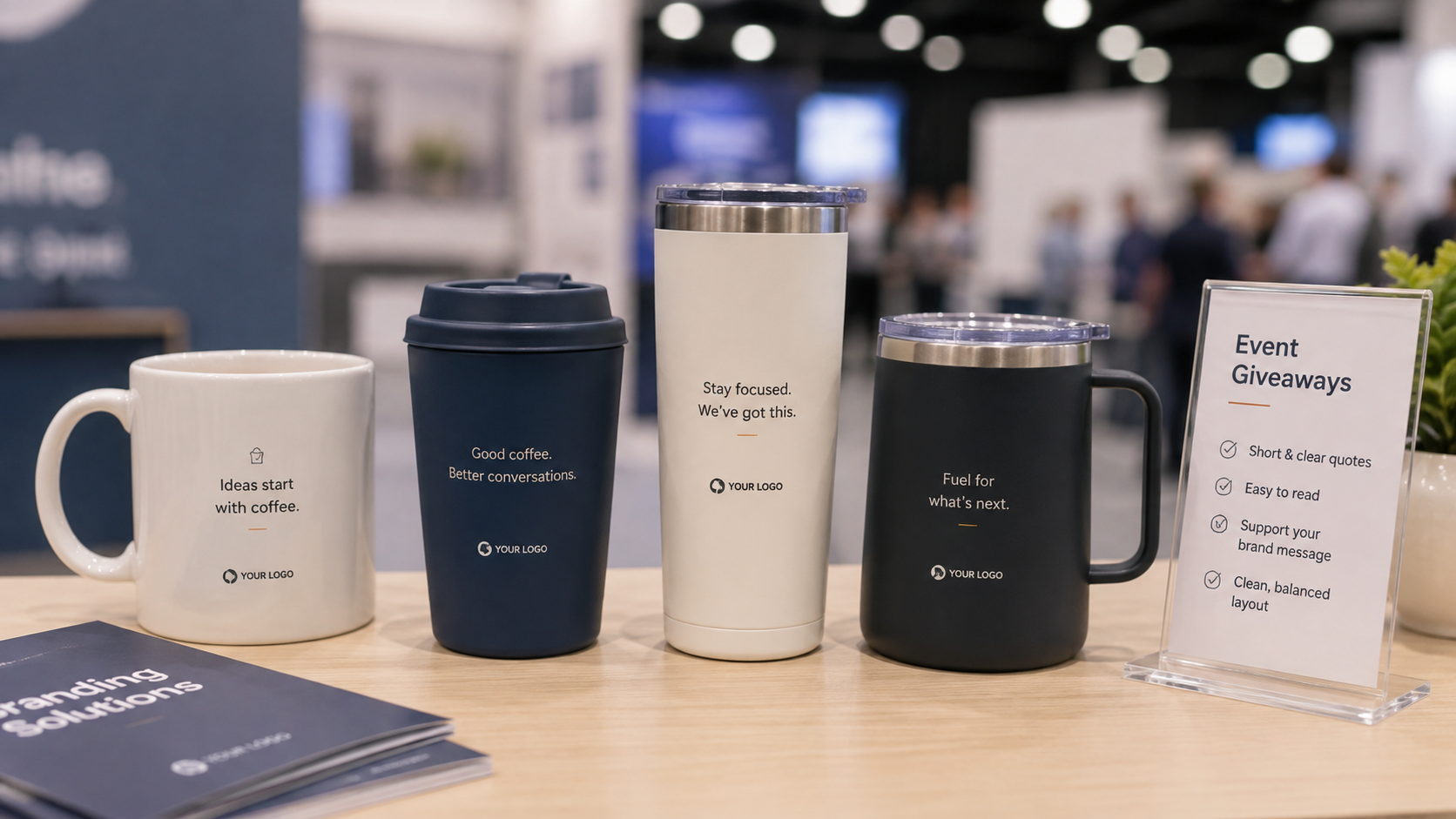 Promotional mugs and tumblers with short coffee quotes for event giveaways