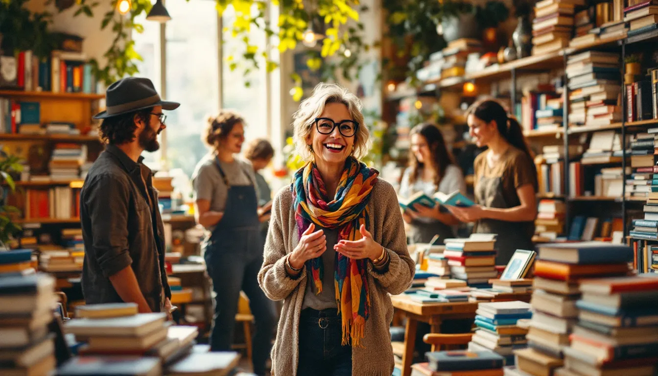 An author engaging with booksellers at a local independent bookstore, discussing book placement and sales strategies.