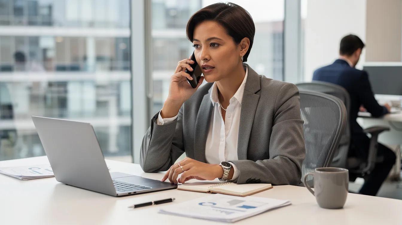 A professional individual is making a phone call in a well-organized office, surrounded by documents and a computer, possibly discussing matters related to workplace injuries or workers compensation claims. The setting suggests a focus on legal representation and support for injured construction workers seeking fair compensation for their medical expenses and lost wages.