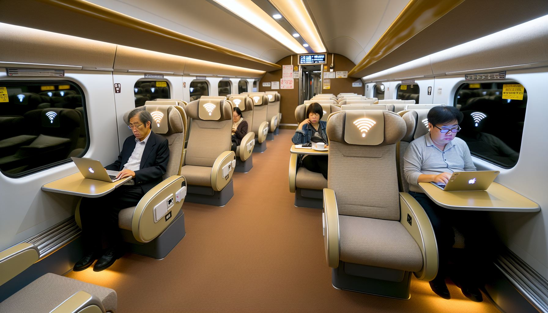 Interior of a passenger train with WiFi and power outlets