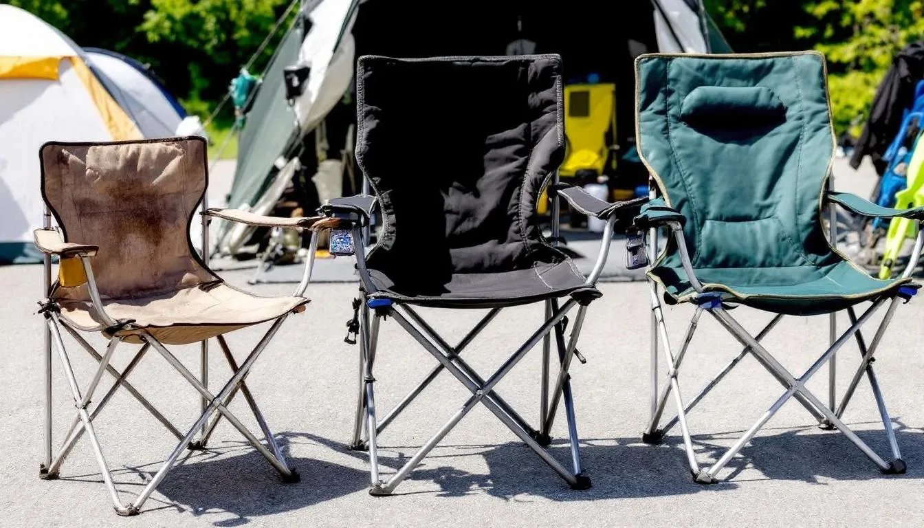 The image displays a variety of camping chairs arranged by price categories, showcasing differences in quality and features such as adjustable armrests, storage pockets, and ergonomic design. From affordable options to premium models like the Helinox chair and ALPS Mountaineering King Kong, each chair offers unique benefits for outdoor adventures and camping trips.