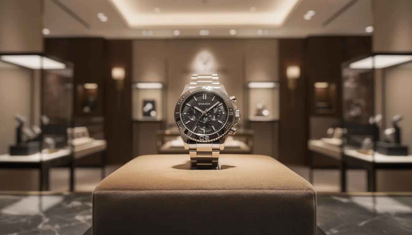 The image features a luxurious watch showcased in an elegant retail boutique, illuminated by soft lighting that highlights its premium design. This setting reflects the growing market for luxury watches, particularly within the women's watch segment, catering to evolving consumer preferences and rising demand for sophisticated timepieces.