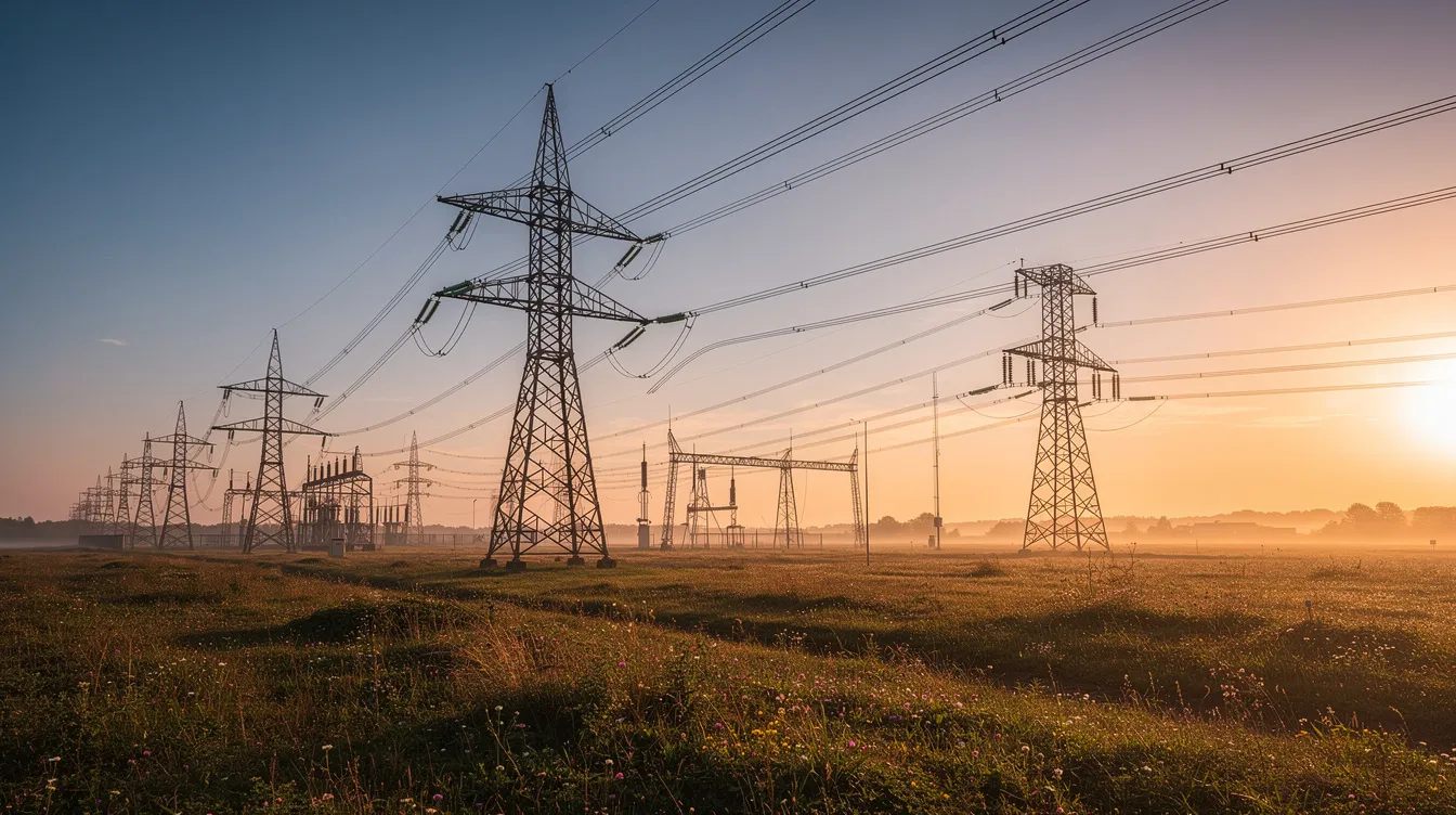 The image features high-voltage electrical transmission towers silhouetted against a vibrant sunset, stretching across an expansive open field. This scene symbolizes the critical infrastructure supporting the global economy, much like the AI industry that is experiencing a potential bubble with massive earnings growth and significant capital expenditures.