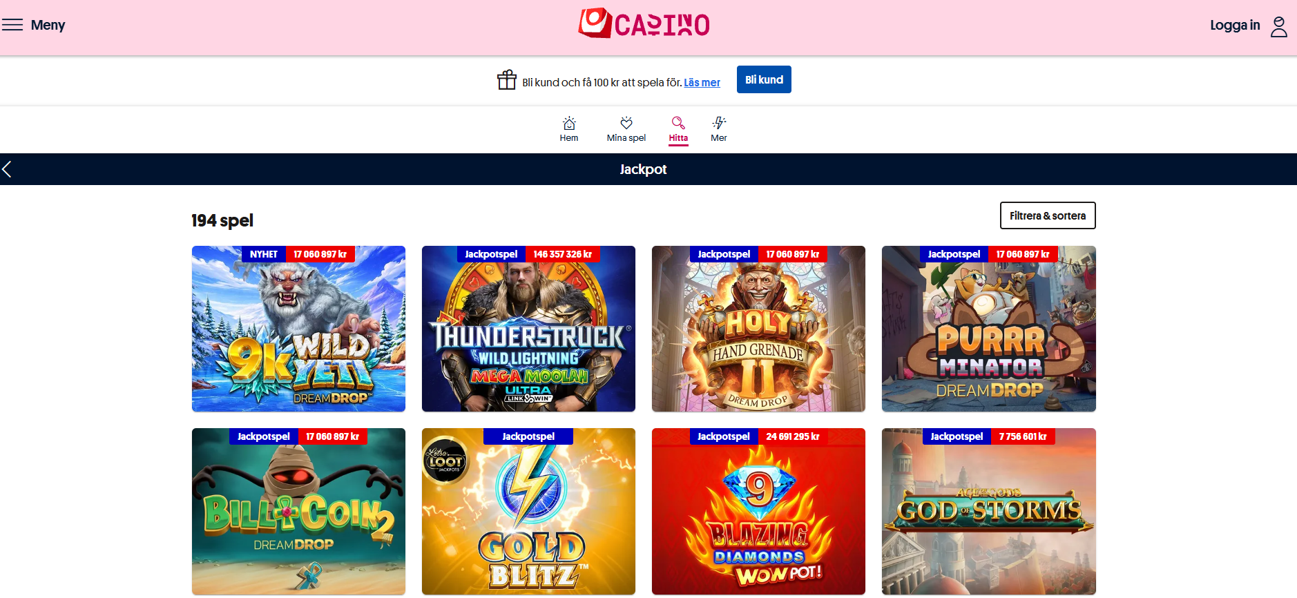 Jackpottsutbud hos svenska spel casino.