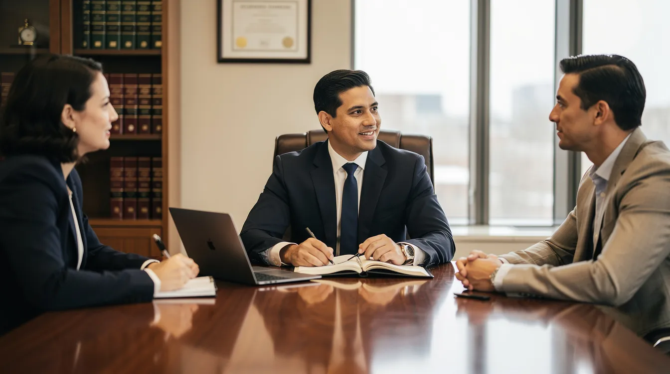 In a professional office setting, an experienced motorcycle accident attorney is meeting with clients to discuss their motorcycle accident claims and the legal process involved. The attorney is providing legal representation and guidance on seeking fair compensation for serious injuries sustained in motorcycle crashes.