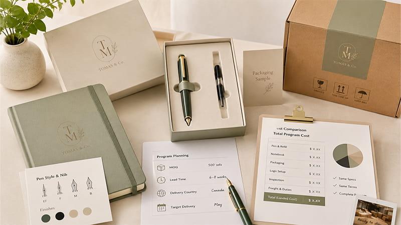 Custom fountain pen packaging and delivery planning showing gift set design, MOQ, cost breakdown, and project details