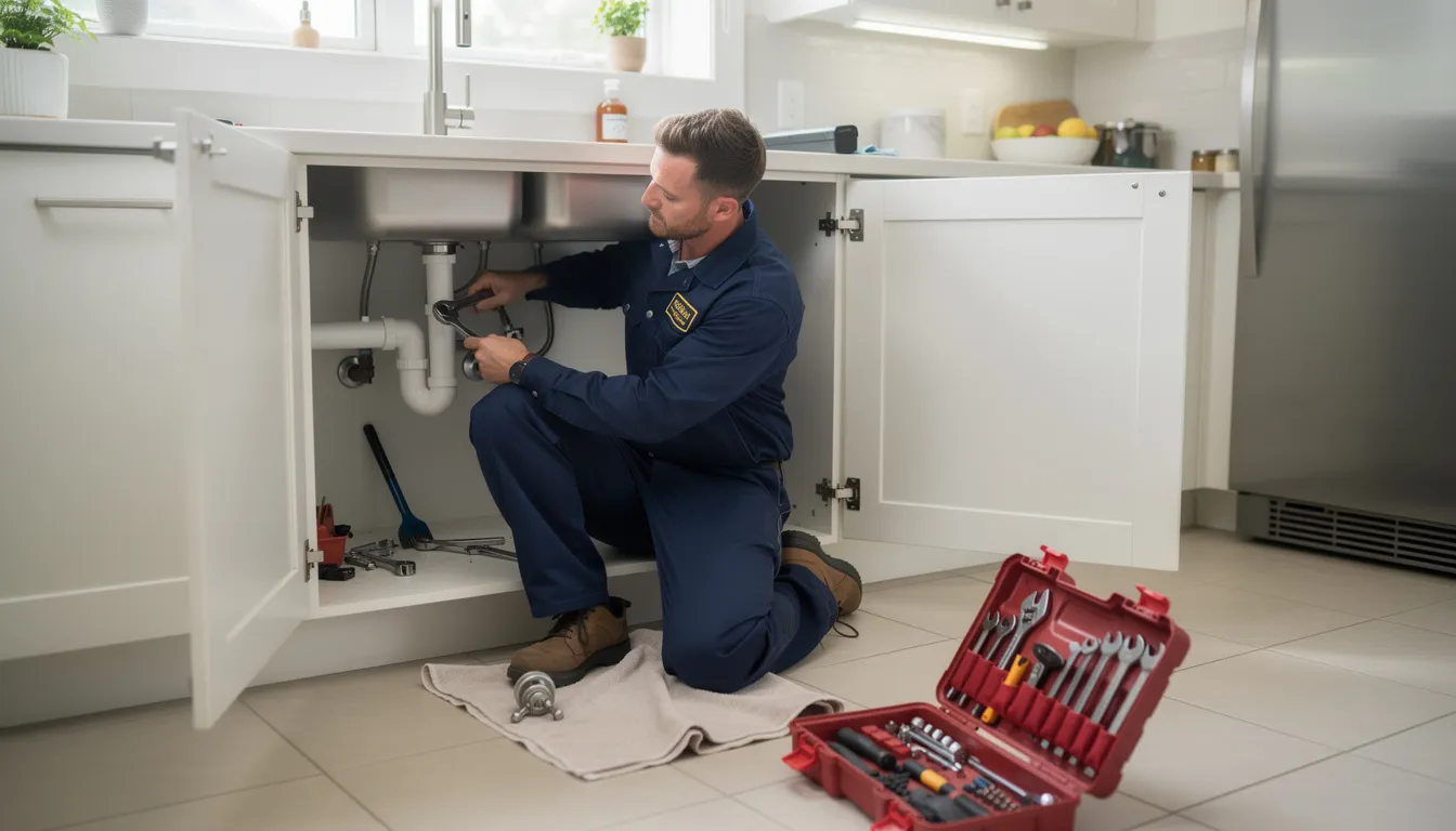 A professional plumber in a work uniform is crouched under a kitchen sink, repairing pipes with tools in hand. This image showcases the quality plumbing services provided by skilled plumbers in Seattle, WA, emphasizing their expertise in plumbing repairs and maintenance.