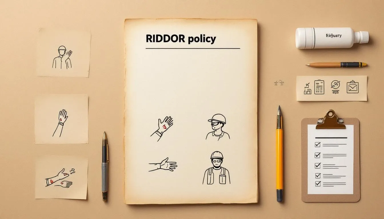 An overview of RIDDOR policy with elements representing reportable injuries.
