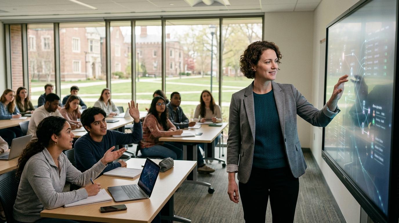 Modern educator effortlessly managing a large volume of digital student assignments with subtle AI-inspired visual elements while students actively participate in a classroom lesson.