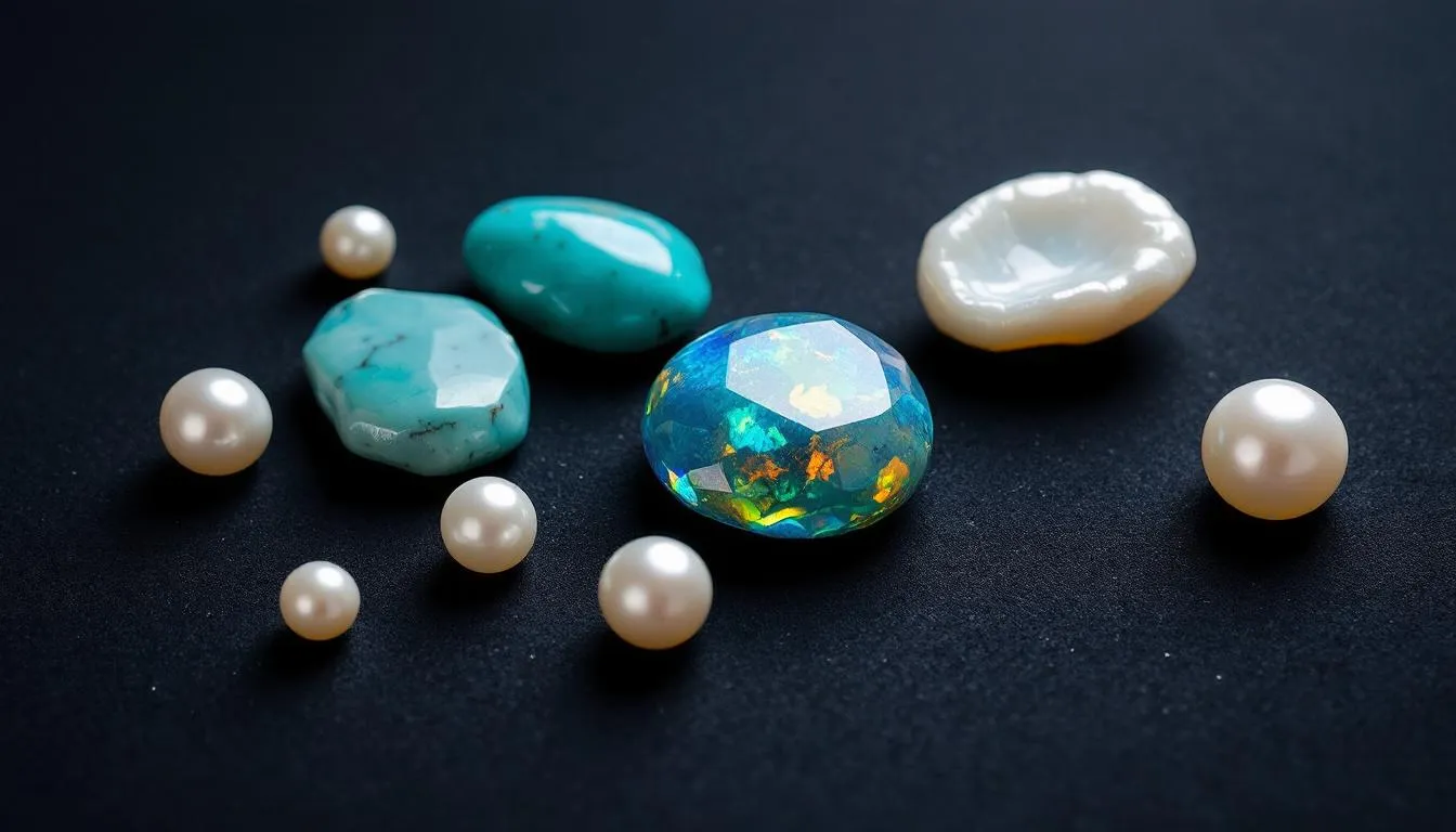 A vibrant collection of soft gemstones, including lustrous pearls, turquoise, and opal, showcases their unique colors and surfaces, highlighting their position on the Mohs hardness scale as softer stones. These delicate gemstones are often used in everyday jewelry, emphasizing their beauty and the need for protective settings due to their lower scratch resistance.
