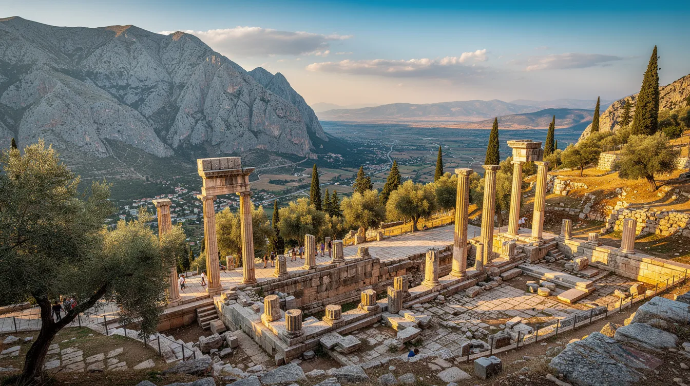 A imagem retrata o famoso sítio arqueológico de Delfos, na Grécia, com suas ruínas antigas, incluindo o templo de Apolo, cercado por montanhas e vegetação exuberante. Este local é conhecido por sua rica história e importância cultural, sendo um dos destinos turísticos mais emblemáticos da Grécia.