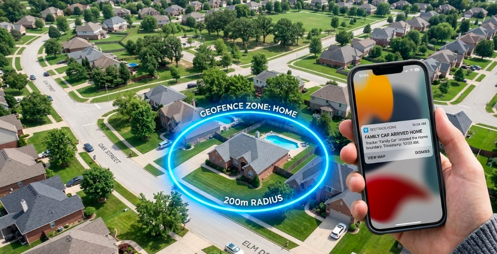 Geofence virtual boundary drawn around a home on a GPS tracking app