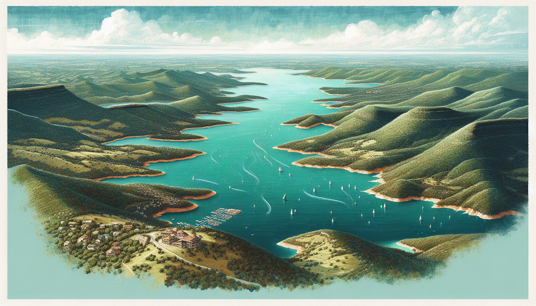 Aerial view of Lake Travis surrounded by Texas hill country, showcasing its scenic beauty