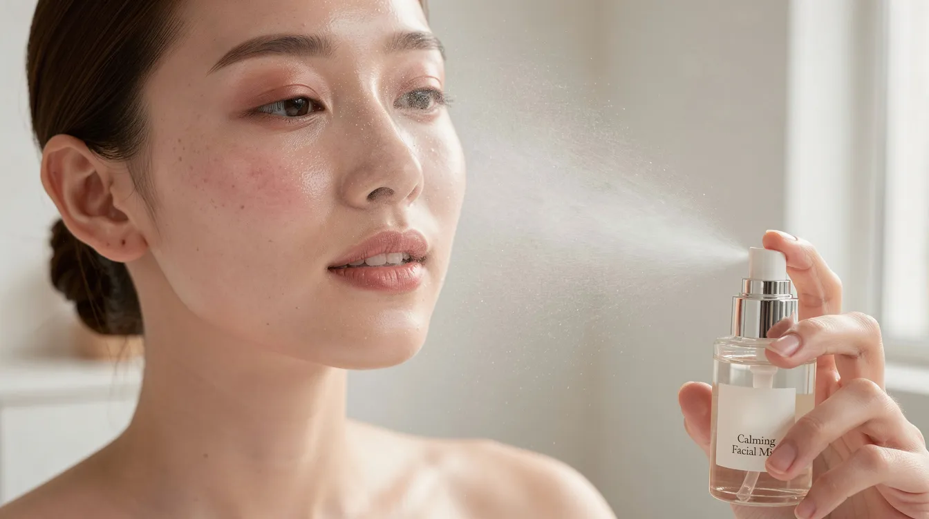 A person with sensitive skin is applying a calming facial mist as part of their minimal skincare routine, focusing on soothing skin irritation and maintaining their skin's protective barrier. This gentle, fragrance-free product helps manage symptoms of skin sensitivity and provides hydration for a healthier complexion.