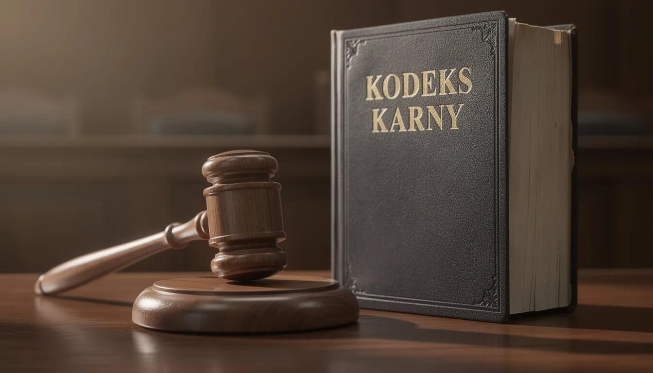 Na drewnianym biurku leży młotek sędziowski obok otwartej książki kodeksu karnego, która zawiera przepisy dotyczące przestępstw przeciwko mieniu, w tym definicję kradzieży i kary za kradzież. Młotek symbolizuje wymiar sprawiedliwości, a kodeks karnego odnosi się do przestępstw, które mogą podlegać karze pozbawienia wolności.