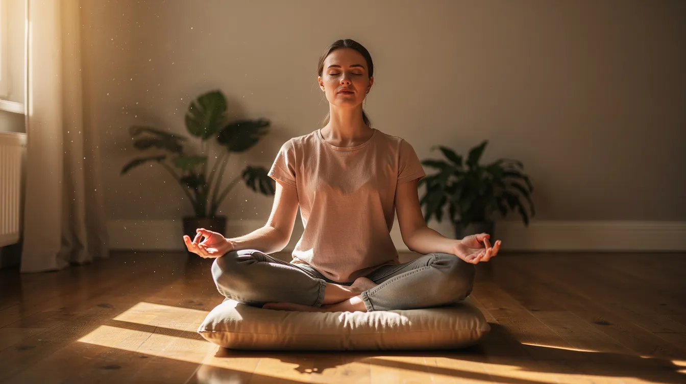 A person is seated cross-legged on a cushion in a sunlit room, eyes closed and hands resting on their knees, practicing mindfulness meditation. This serene scene emphasizes the importance of mental well-being and the positive impact of meditation on mental health outcomes.