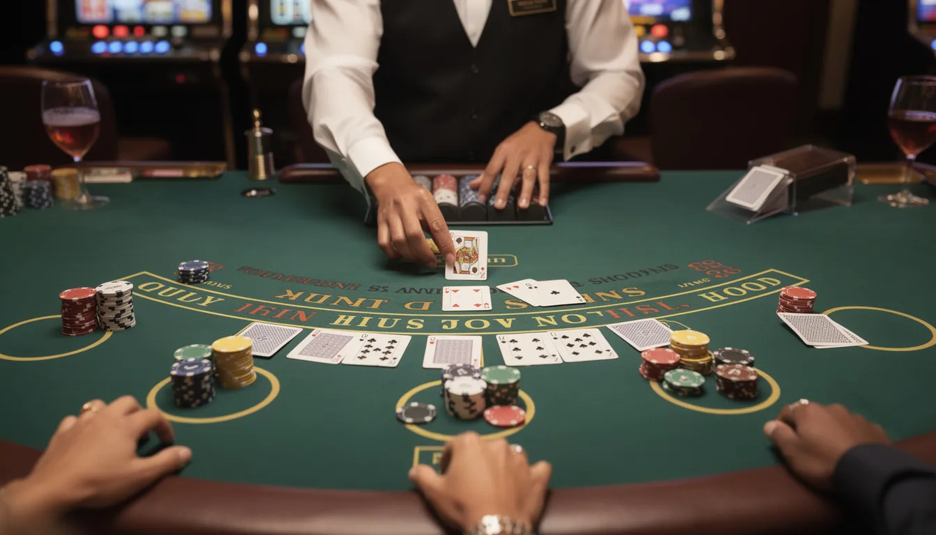 En bild av ett casinobord med spelkort, marker och dealerhänder synliga. Atmosfären är livlig och spelarna är fokuserade på spelet, vilket skapar en känsla av spänning och underhållning i detta live casino-miljö.