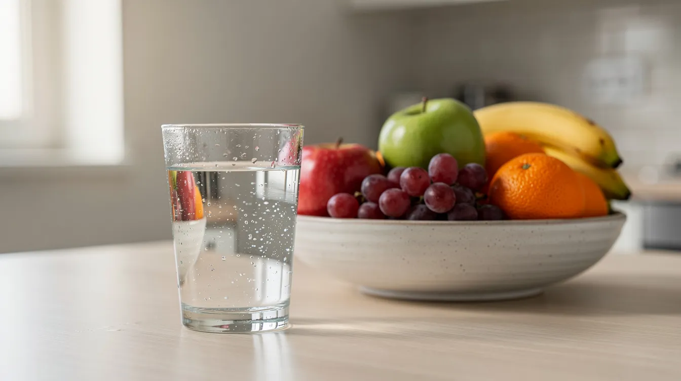 The image shows a glass of water and a bowl of fresh fruit on a simple kitchen table, symbolizing the importance of hydration and nourishment, which can be vital during the recovery journey from meth addiction. This setting reflects a healthy lifestyle, essential for managing withdrawal symptoms and supporting overall health.