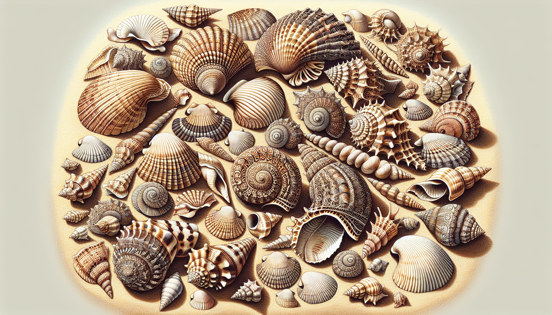Large Seashells Wholesale | Illustration of a variety of large seashells on a sandy beach