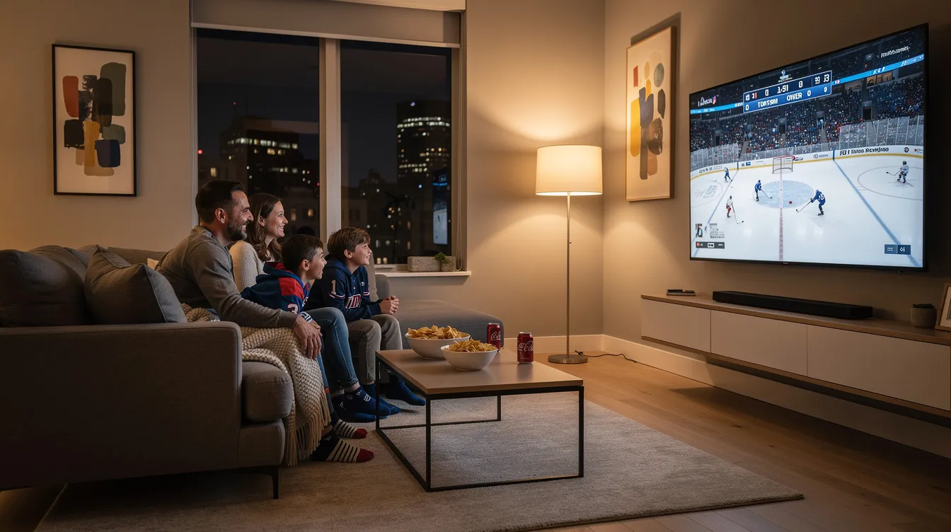 A modern living room features a family gathered together, intently watching a hockey game on a large flat screen television, showcasing the excitement of live sports. The scene reflects a cozy atmosphere, ideal for enjoying high-quality streaming through an IPTV service in Canada.